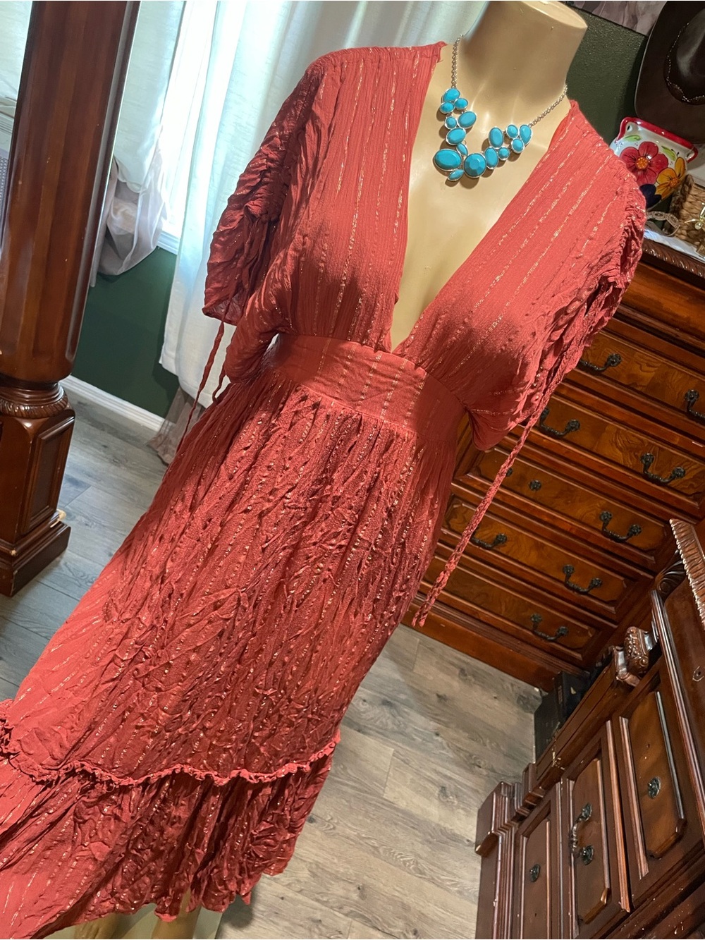 Pink V-Neck Maxi Dress with Smocked Waist